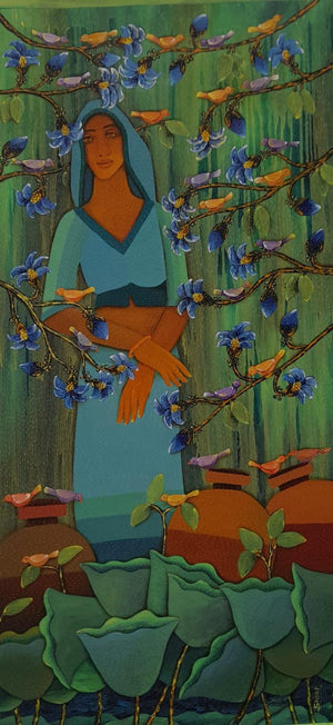 Figurative acrylic painting titled 'Untitled 13', 50x24 inches, by artist Sadaf Beg Khan on Canvas
