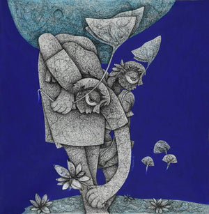 Figurative mixed media painting titled 'Untitled 13', 36x36 inches, by artist Mahavir Verma on Canvas