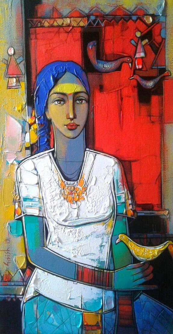 Figurative acrylic painting titled 'Untitled 13', 35x17 inches, by artist Girish Adannavar on Canvas
