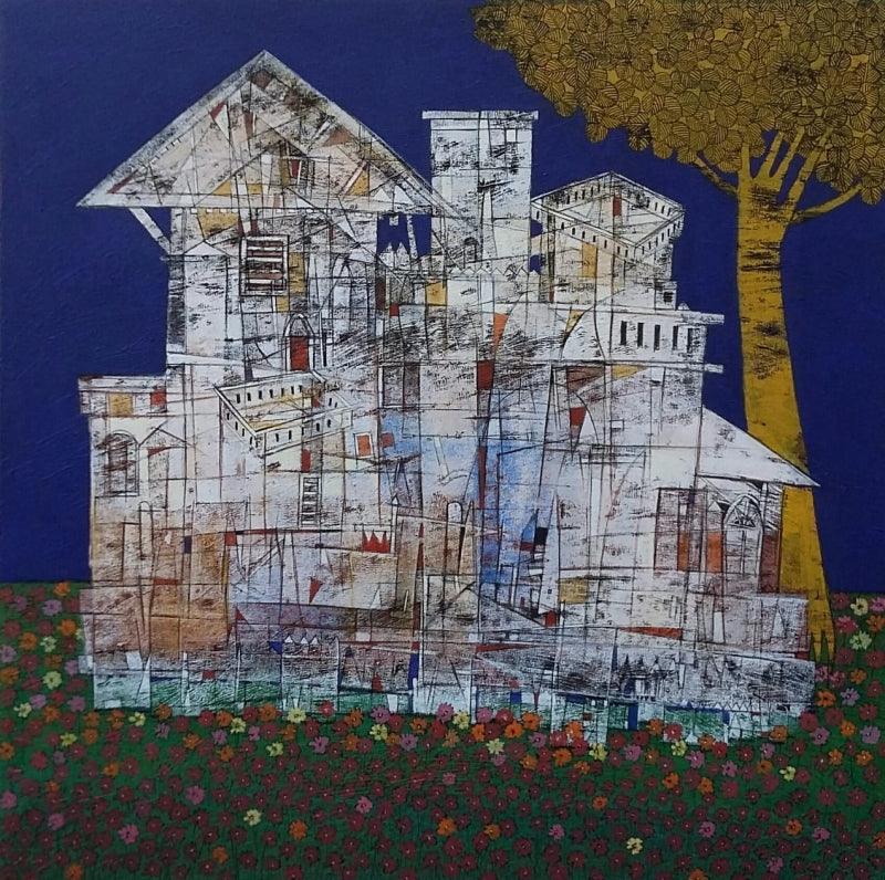 Cityscape acrylic painting titled 'Untitled 13', 30x30 inches, by artist Biswajit Mondal on Canvas