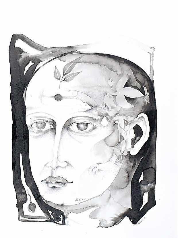 Figurative ink charcoal drawing titled 'Untitled 13', 30x20 inches, by artist Milan Desai on paper