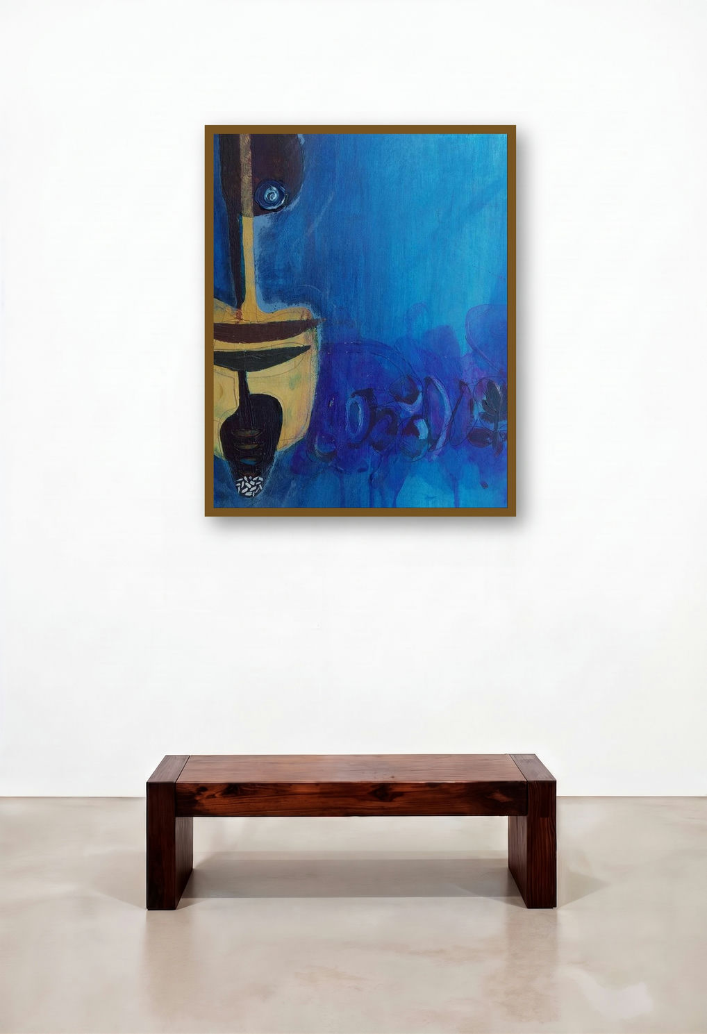 Untitled 132 (Blue Gaze) by artist Narendra Jatav displayed in a Contemporary Luxury Bedroom