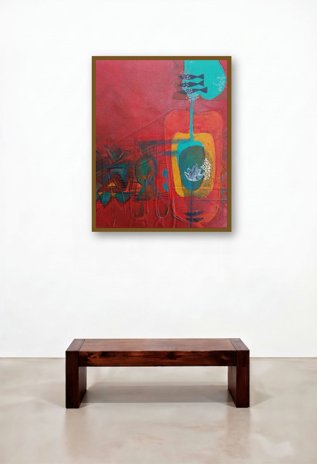 Untitled 133 (Crimson Dreams) by artist Narendra Jatav displayed in a Classic Home Office