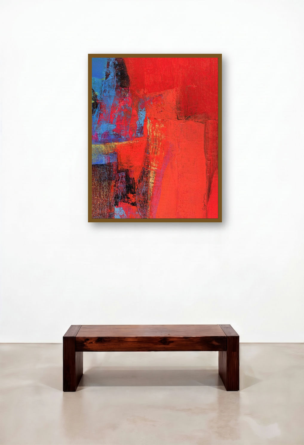 Untitled 136 (Red Blue) by artist Siddhesh Rane displayed in a Japandi Living Room