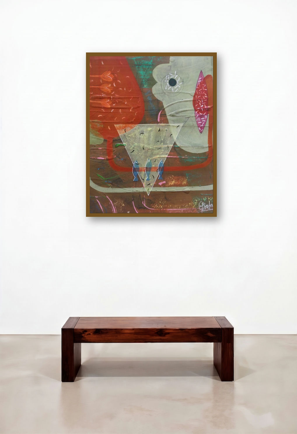 Untitled 138 (Surreal Encounter) by artist Narendra Jatav displayed in a Elegant Hallway