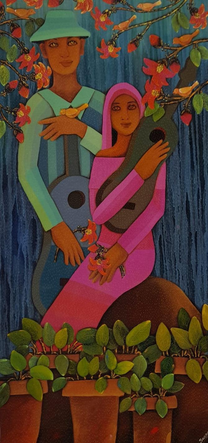 Figurative acrylic painting titled 'Untitled 14', 48x23 inches, by artist Sadaf Beg Khan on Canvas