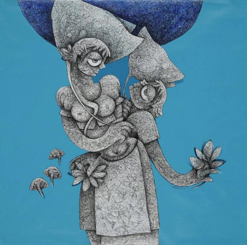 Figurative mixed media painting titled 'Untitled 14', 36x36 inches, by artist Mahavir Verma on Canvas