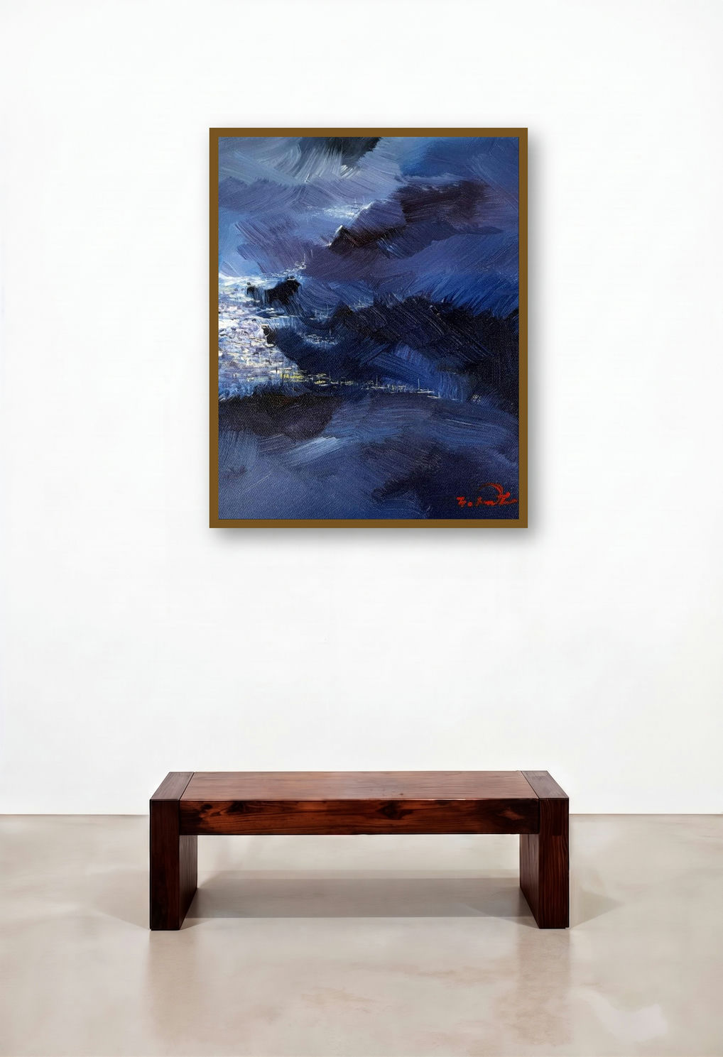 Untitled 14 (Night Mist) by artist Solomon Rajendiran displayed in a Mid-Century Modern Bedroom