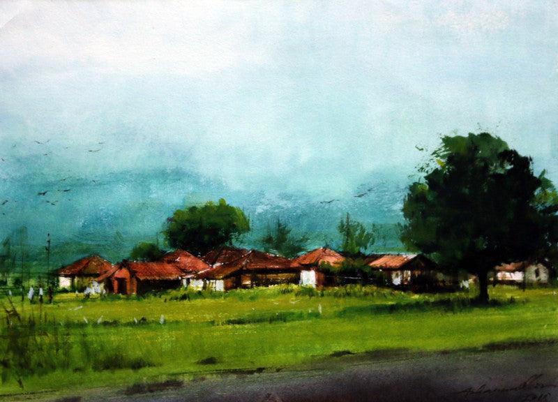 Landscape gouache painting titled 'Untitled 14', 9x12 inches, by artist Azharuuddin Inamdar on Paper