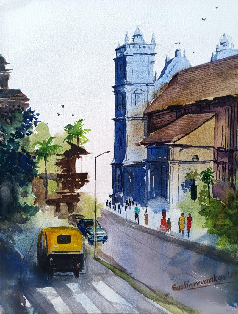 Cityscape watercolor painting titled 'Untitled 15', 16x12 inches, by artist Sachin Revankar on Paper