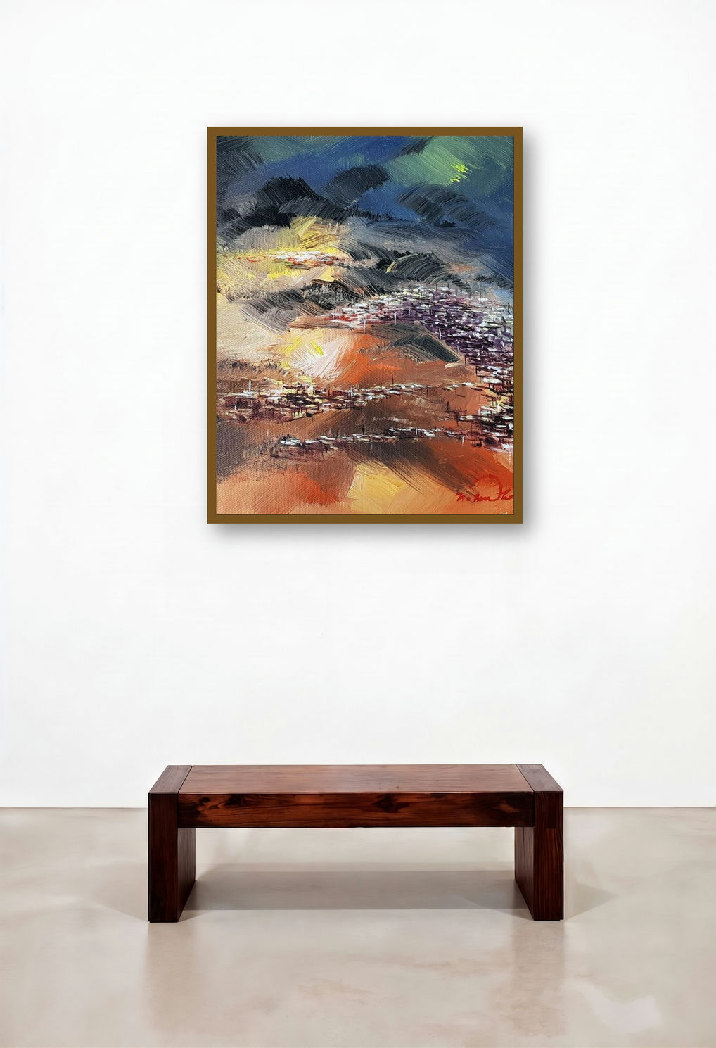 Untitled 16 (Mountain Village Sunset) by artist Solomon Rajendiran displayed in a Contemporary Luxury Hotel Suite