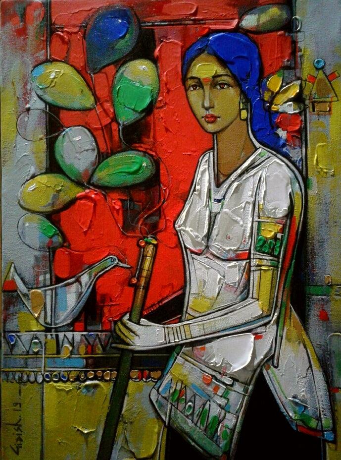 Figurative acrylic painting titled 'Untitled 16', 23x17 inches, by artist Girish Adannavar on Canvas