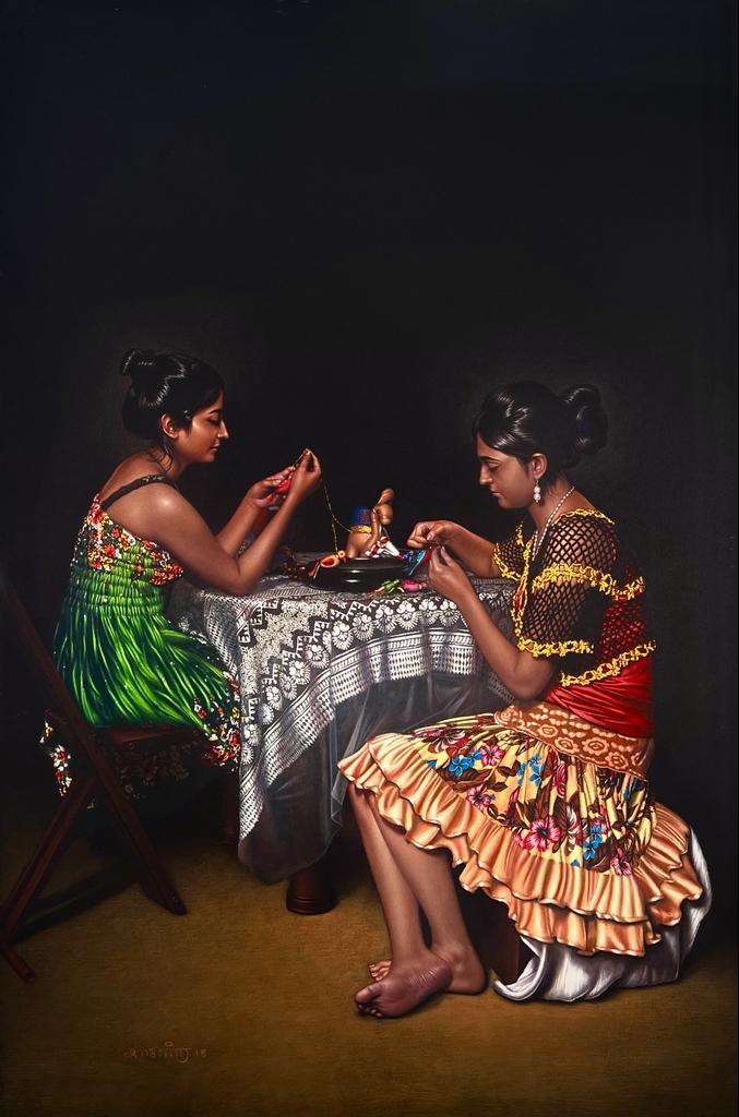 Figurative mixed media drawing titled 'Untitled 17', 60x40 inches, by artist Shashikant Dhotre on Paper