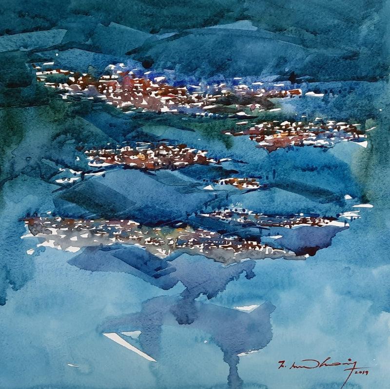 Landscape watercolor painting titled 'Untitled 17', 11x11 inches, by artist Solomon Rajendiran on Puff Sheet