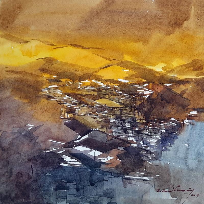 Landscape watercolor painting titled 'Untitled 18', 11x11 inches, by artist Solomon Rajendiran on Puff Sheet