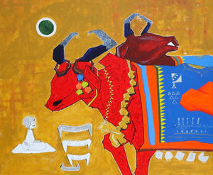 Untitled 18 (Sacred Symbol) by Pratap Kore, Original Acrylic Figurative Painting on Canvas, Medium Horizontal Wall Art