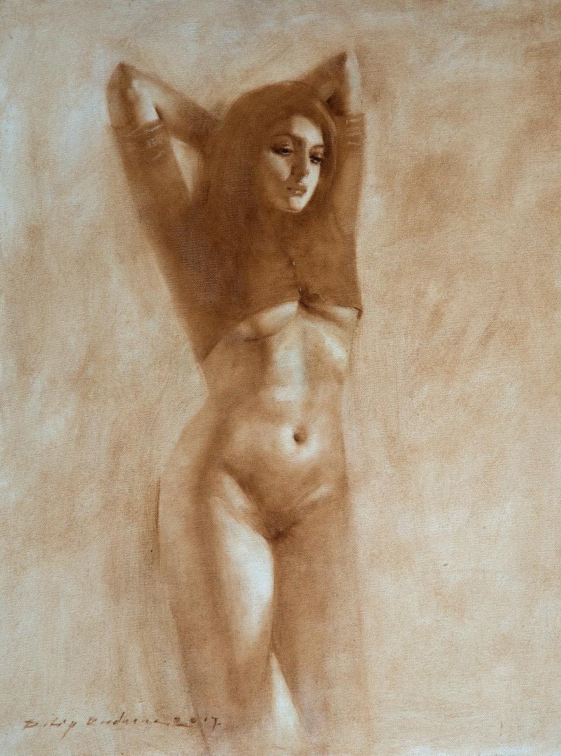 Nude oil painting titled 'Untitled 19', 24x16 inches, by artist Dilip Dudhane on Canvas