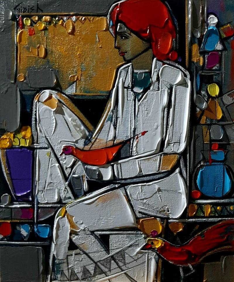 Figurative acrylic painting titled 'Untitled 19', 12x10 inches, by artist Girish Adannavar on Canvas Board