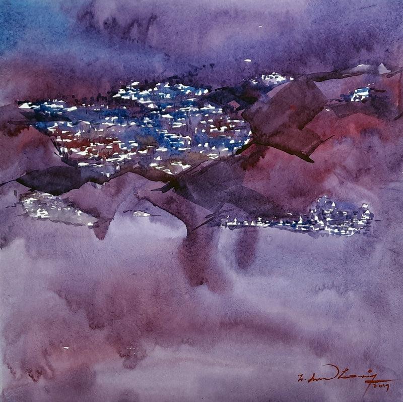 Landscape watercolor painting titled 'Untitled 19', 11x11 inches, by artist Solomon Rajendiran on Puff Sheet
