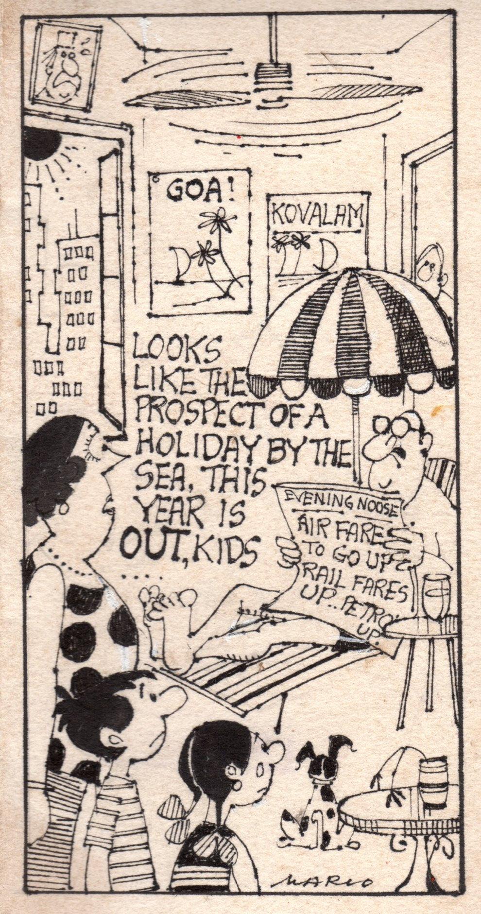 Figurative pen ink drawing titled 'Untitled 194', 6x3 inches, by artist Mario Miranda on Paper