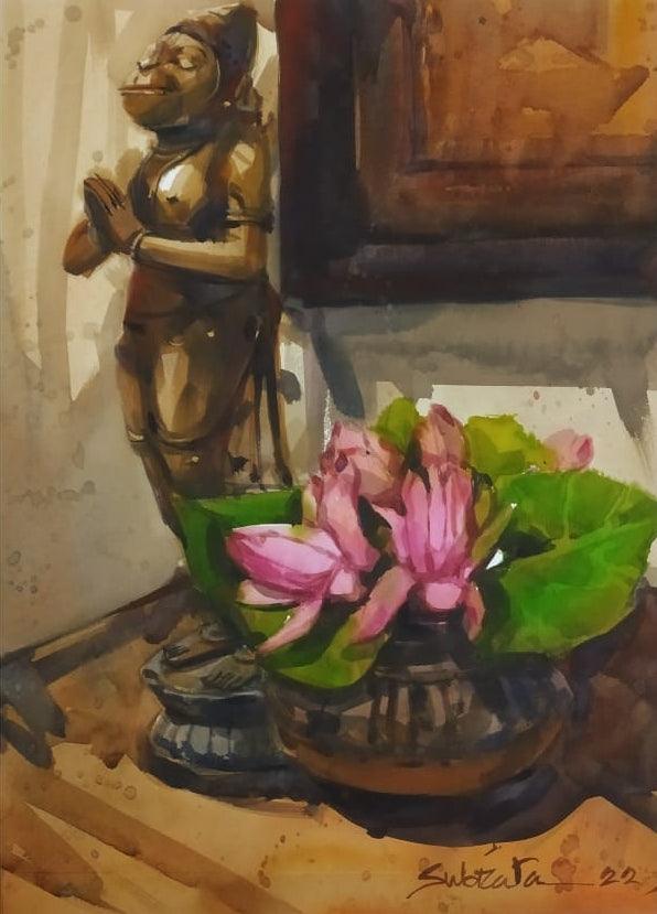 Religious watercolor painting titled 'Untitled 2', 22x15 inches, by artist Subrata Malakar on Paper