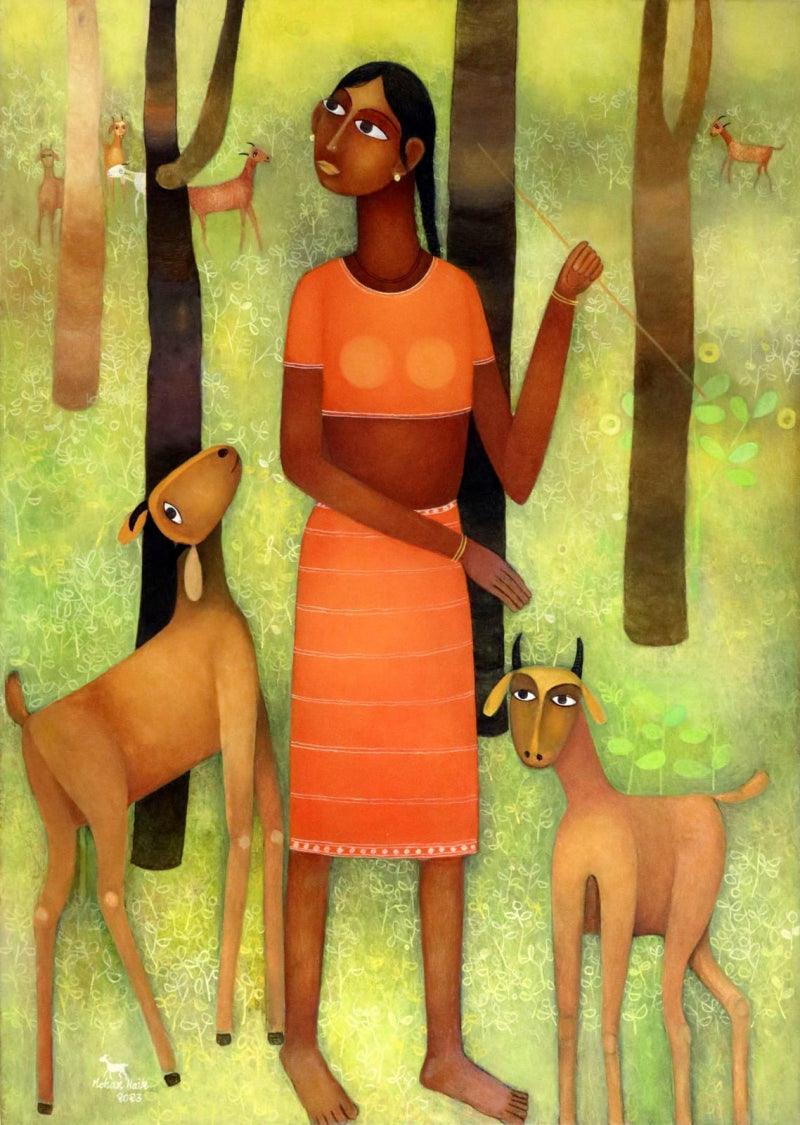 Figurative oil painting titled 'Untitled 2', 47x34 inches, by artist Mohan Naik on Canvas