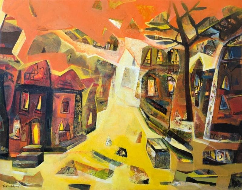 Cityscape acrylic painting titled 'Untitled 2', 42x54 inches, by artist Tapas Ghosal on Canvas