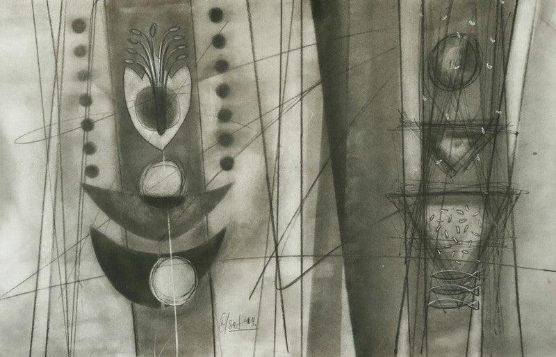 Abstract charcoal drawing titled 'Untitled 2', 14x22 inches, by artist Narendra Jatav on Paper