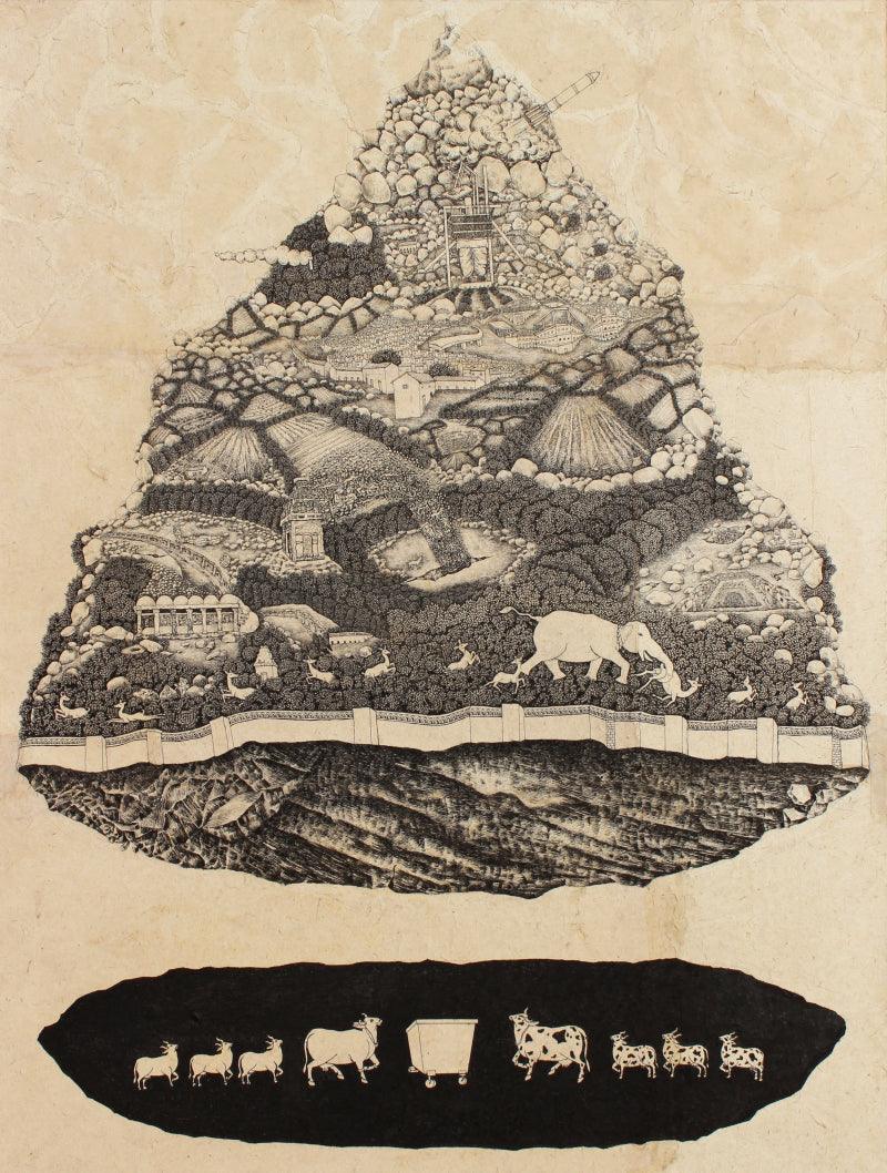 contemporary pen ink painting titled 'Untitled 2', 47x35 inches, by artist Bharat Dodiya on Canvas, Rice Paper