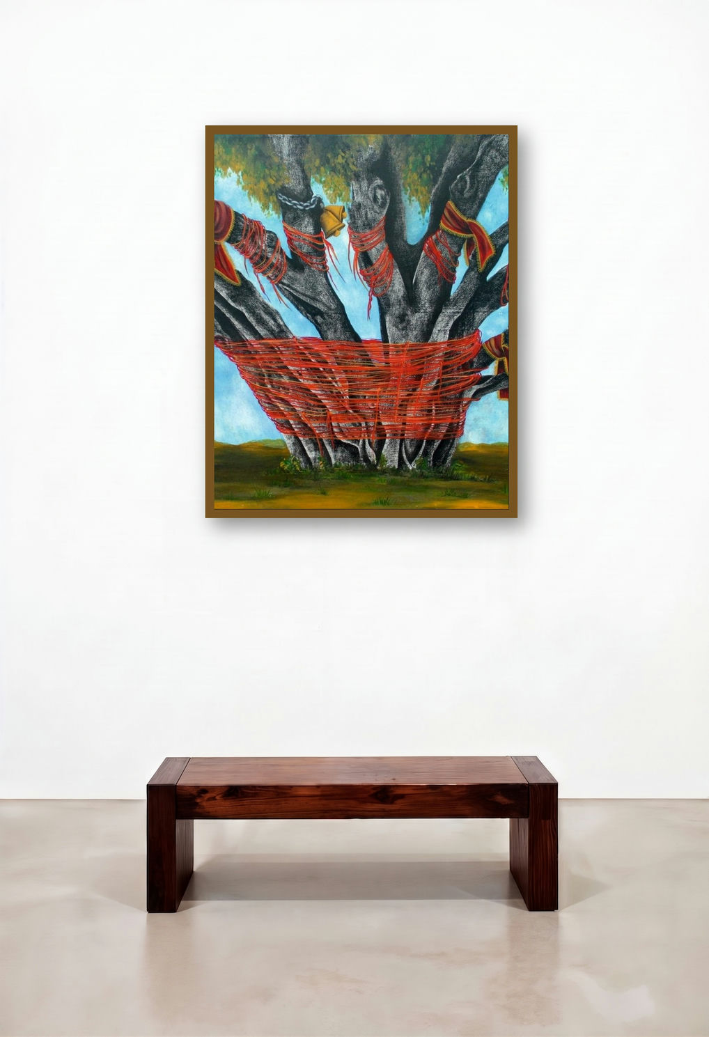 Untitled 2 (Sacred Tree) by artist Vanchha Dixit displayed in a Mid-Century Modern Hotel Suite