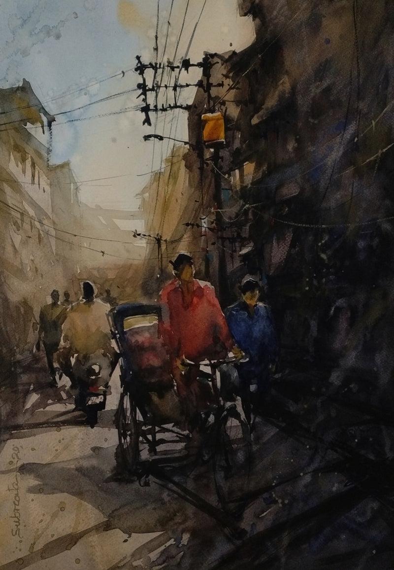 Cityscape watercolor painting titled 'Untitled 2', 22x15 inches, by artist Subrata Malakar on Paper