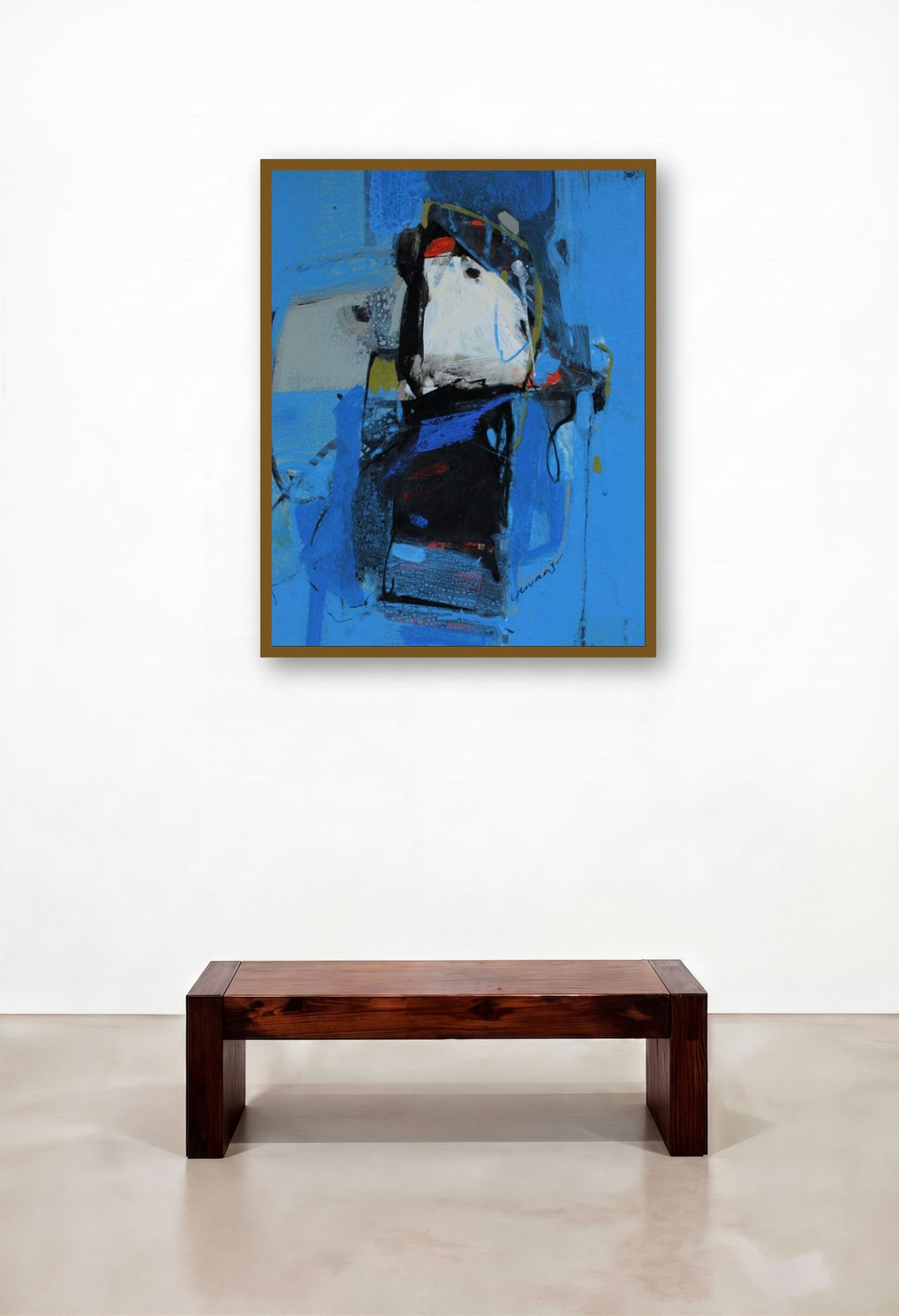 Untitled 2 (Blue Contemplation) by artist Yuvraj Devkar displayed in a Scandinavian Hotel Lobby