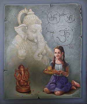 Religious oil painting titled 'Untitled 2', 36x30 inches, by artist Gopal Sharma on Canvas