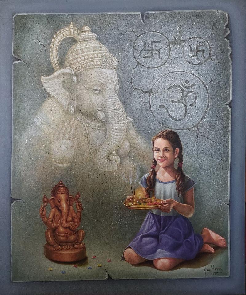 Religious oil painting titled 'Untitled 2', 36x30 inches, by artist Gopal Sharma on Canvas