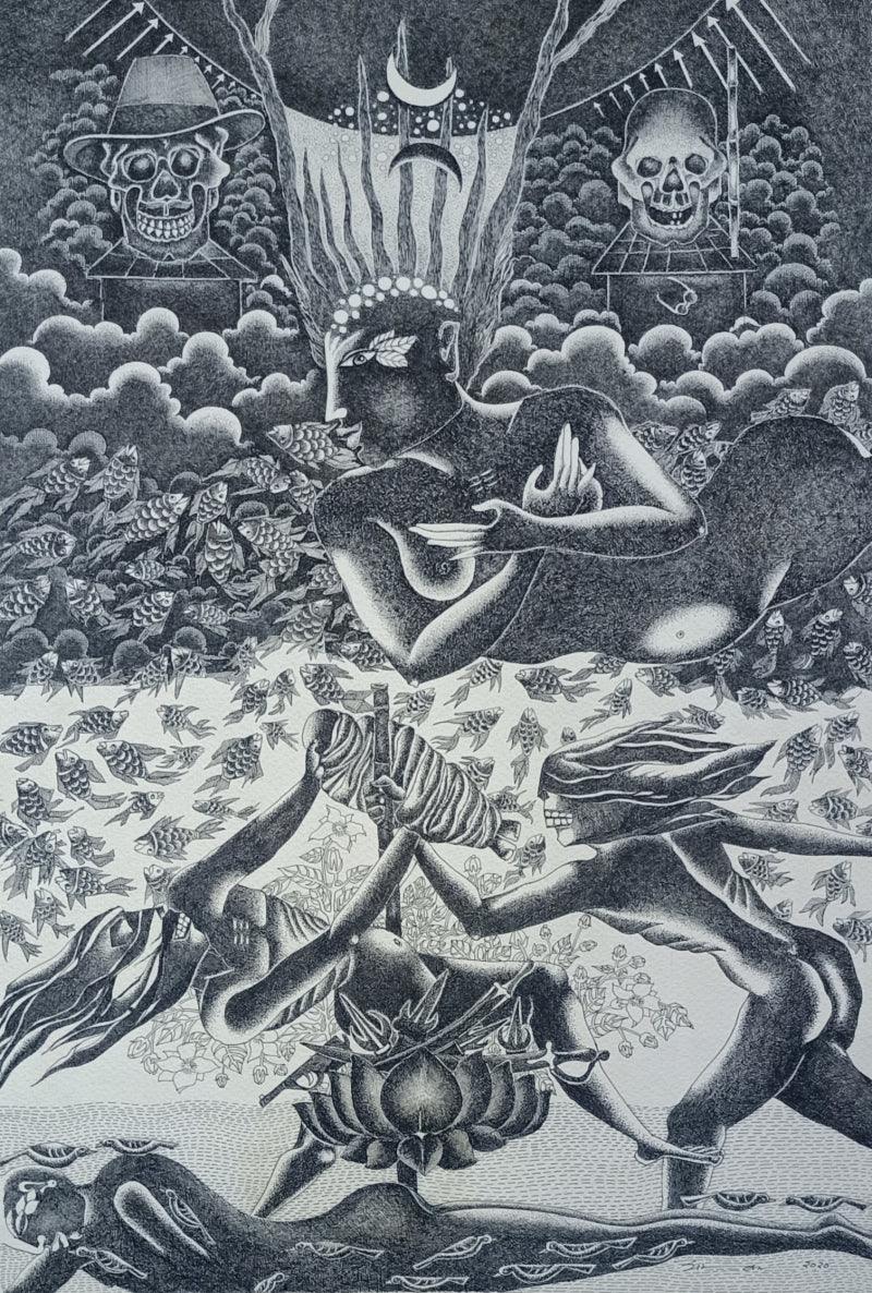 Figurative pen ink drawing titled 'Untitled 2', 18x12 inches, by artist Vinay Amber on Paper