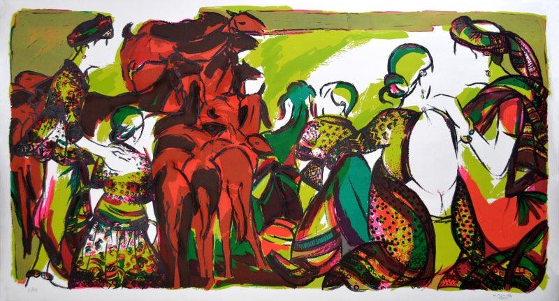 Figurative serigraphs painting titled 'Untitled 2', 52x96 inches, by artist Vrindavan Solanki on Paper