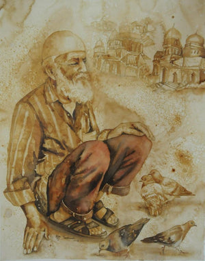 Lifestyle coffee & watercolor painting titled 'Untitled 2', 27x18 inches, by artist Afza Tamkanat on Acid Free Paper
