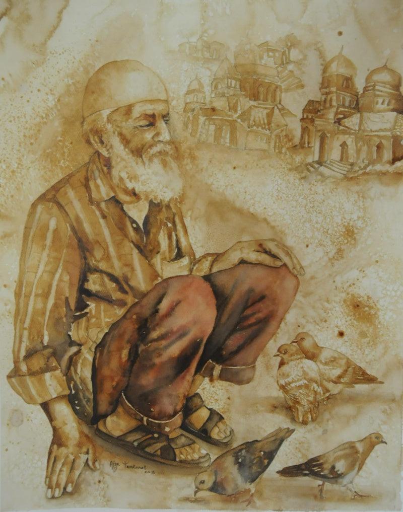 Lifestyle coffee & watercolor painting titled 'Untitled 2', 27x18 inches, by artist Afza Tamkanat on Acid Free Paper