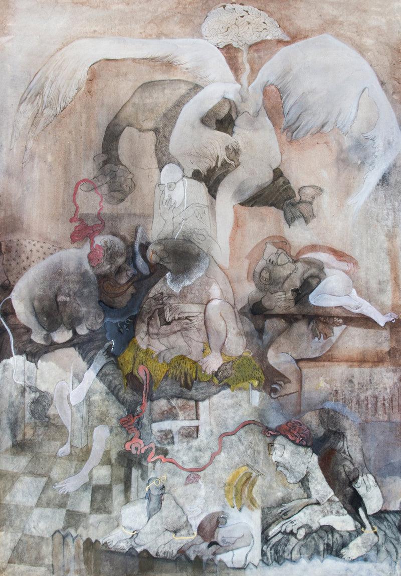 contemporary mixed media painting titled 'Untitled 2', 40x28 inches, by artist Susmita Chowdhury on Treated Paper