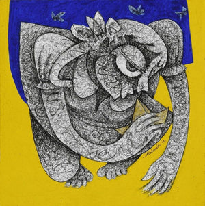 Figurative acrylic ink painting titled 'Untitled 2', 10x10 inches, by artist Mahavir Verma on paper