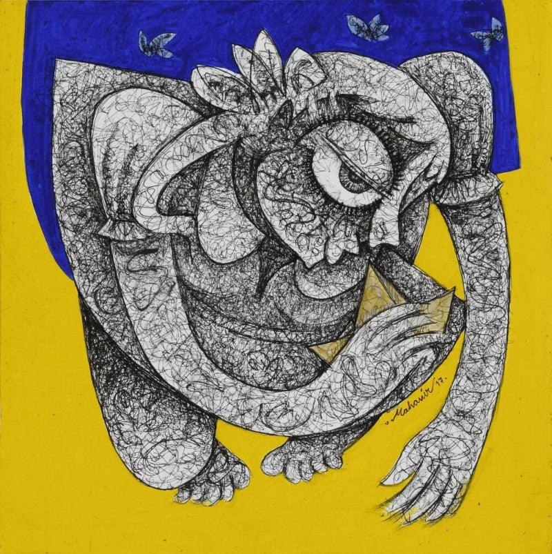 Figurative acrylic ink painting titled 'Untitled 2', 10x10 inches, by artist Mahavir Verma on paper