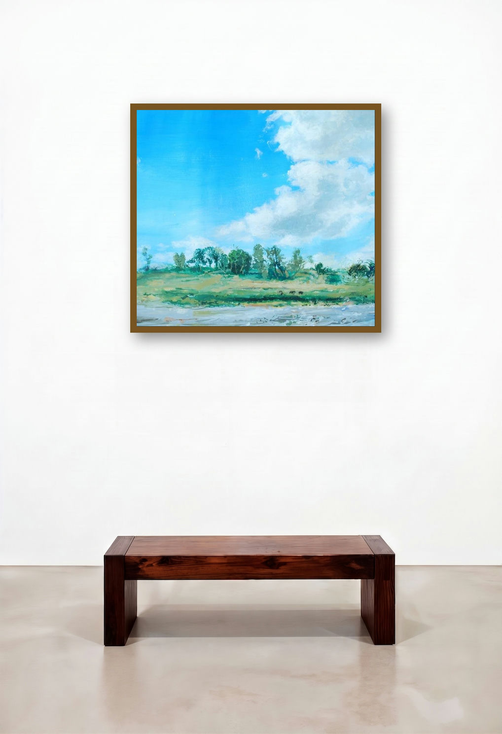 Untitled 2 (Serene Landscape) by artist Rahul Shedbale displayed in a Contemporary Luxury Reception Area
