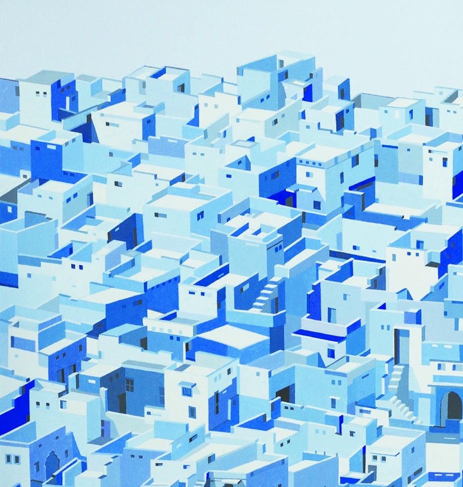 Cityscape acrylic painting titled 'Untitled 2', 48x24 inches, by artist Madan Pawar on Canvas