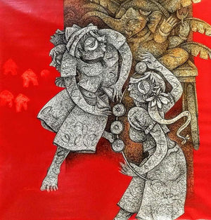 Figurative acrylic painting titled 'Untitled 2', 36x36 inches, by artist Mahavir Verma on Canvas