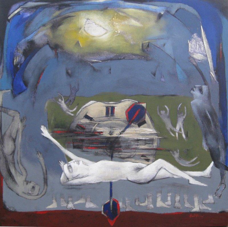 Figurative acrylic painting titled 'Untitled 2', 40x40 inches, by artist Pradip Kumar Sau on Canvas