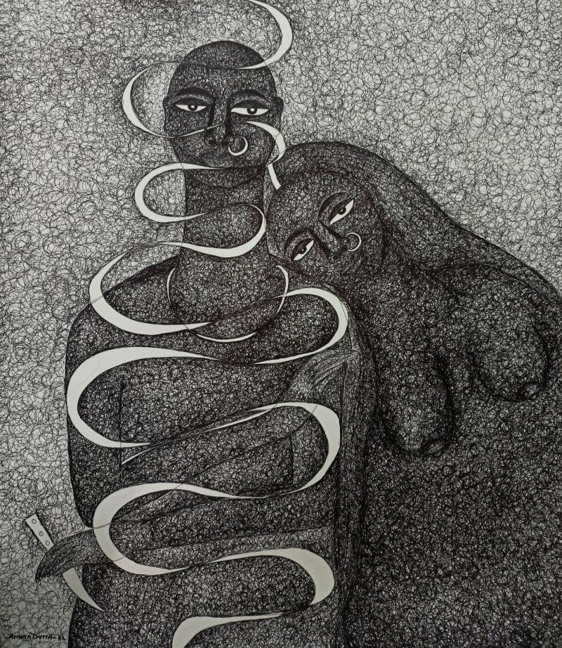 Nude pen drawing titled 'Untitled 2', 27x22 inches, by artist Ankita Dutta on Paper