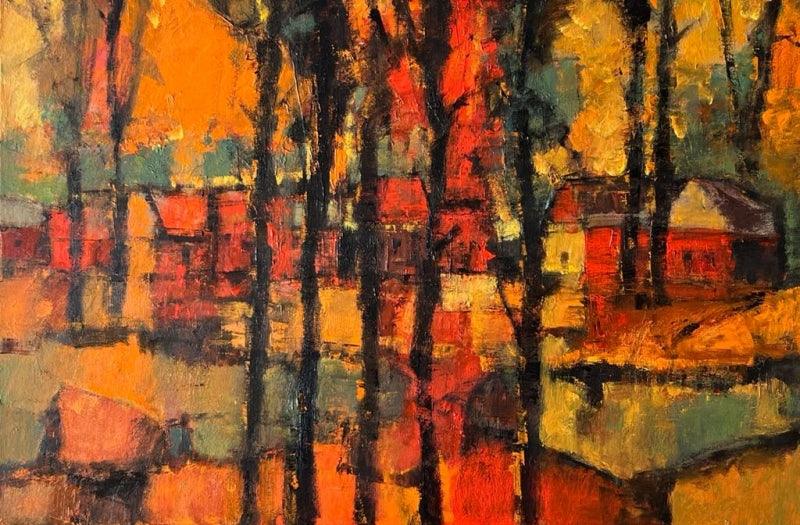 Cityscape oil painting titled 'Untitled 2', 24x36 inches, by artist Gurudas Shenoy on Canvas