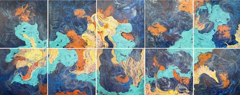 Abstract mixed media painting titled 'Untitled 2', 20x59 inches, by artist Vanchha Dixit on Wood