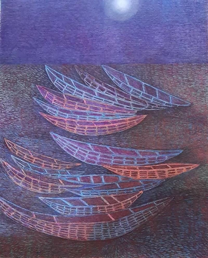 Seascape pen drawing titled 'Untitled 2', 40x34 inches, by artist Shardool Mishra on Canvas