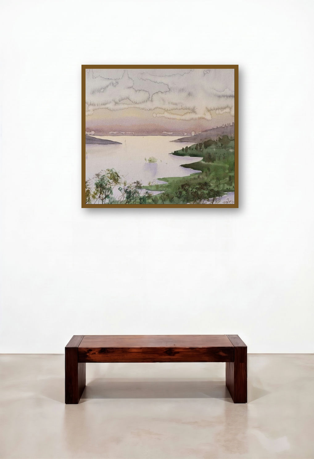 Untitled 2 (Serene Waterscape at Dusk) by artist Amol Takale displayed in a Traditional Bedroom